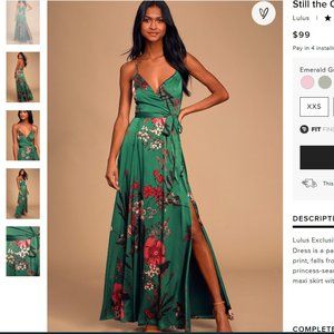 Still the One Emerald Green Floral Print Satin Maxi Dress - Size Small - Lulus